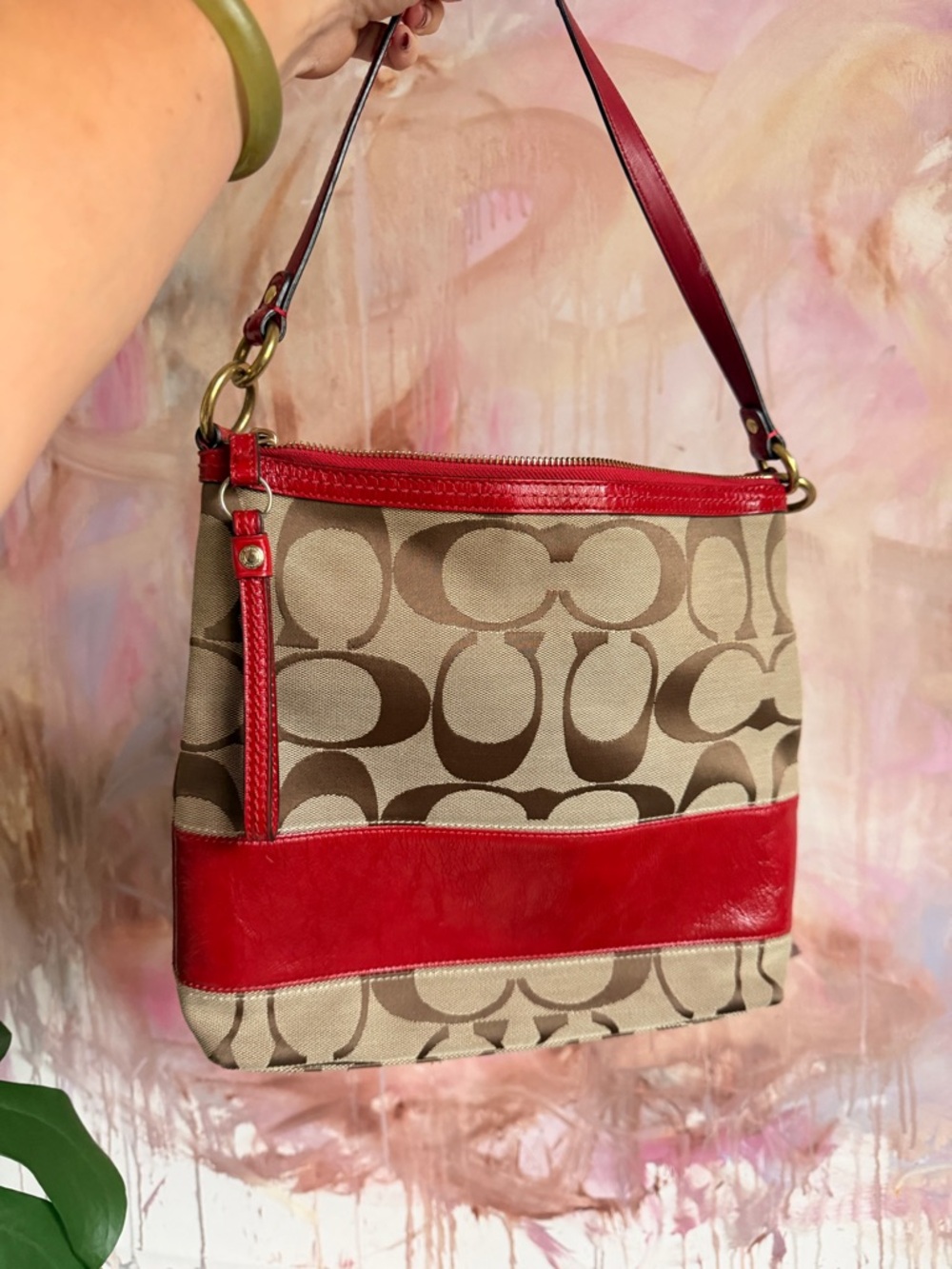 Coach Tan Signature Canvas Shoulder Bag with Red Leather Trim